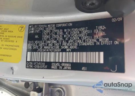 2009 Toyota Highlander from USA, damaged, VIN JTEES41A192126069